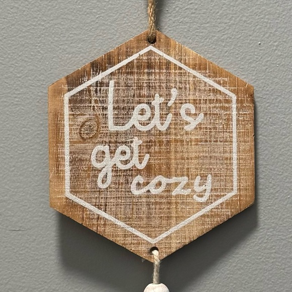 NWOT Hanging wooden beaded tassel sign “Let’s get cozy” approx 20” (b) - Picture 2 of 2